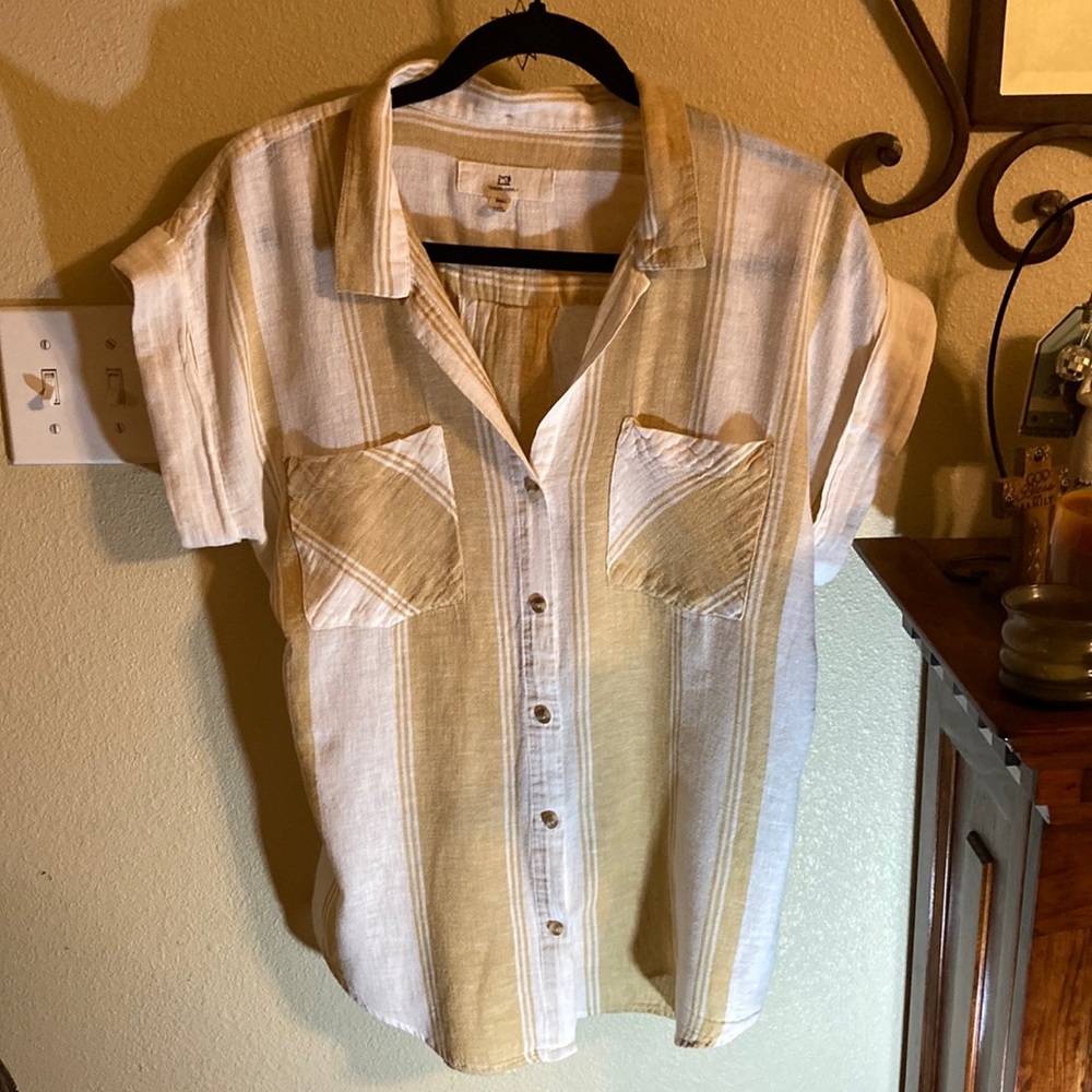 Thread & Supply linen blend top, mustard & cream, size S